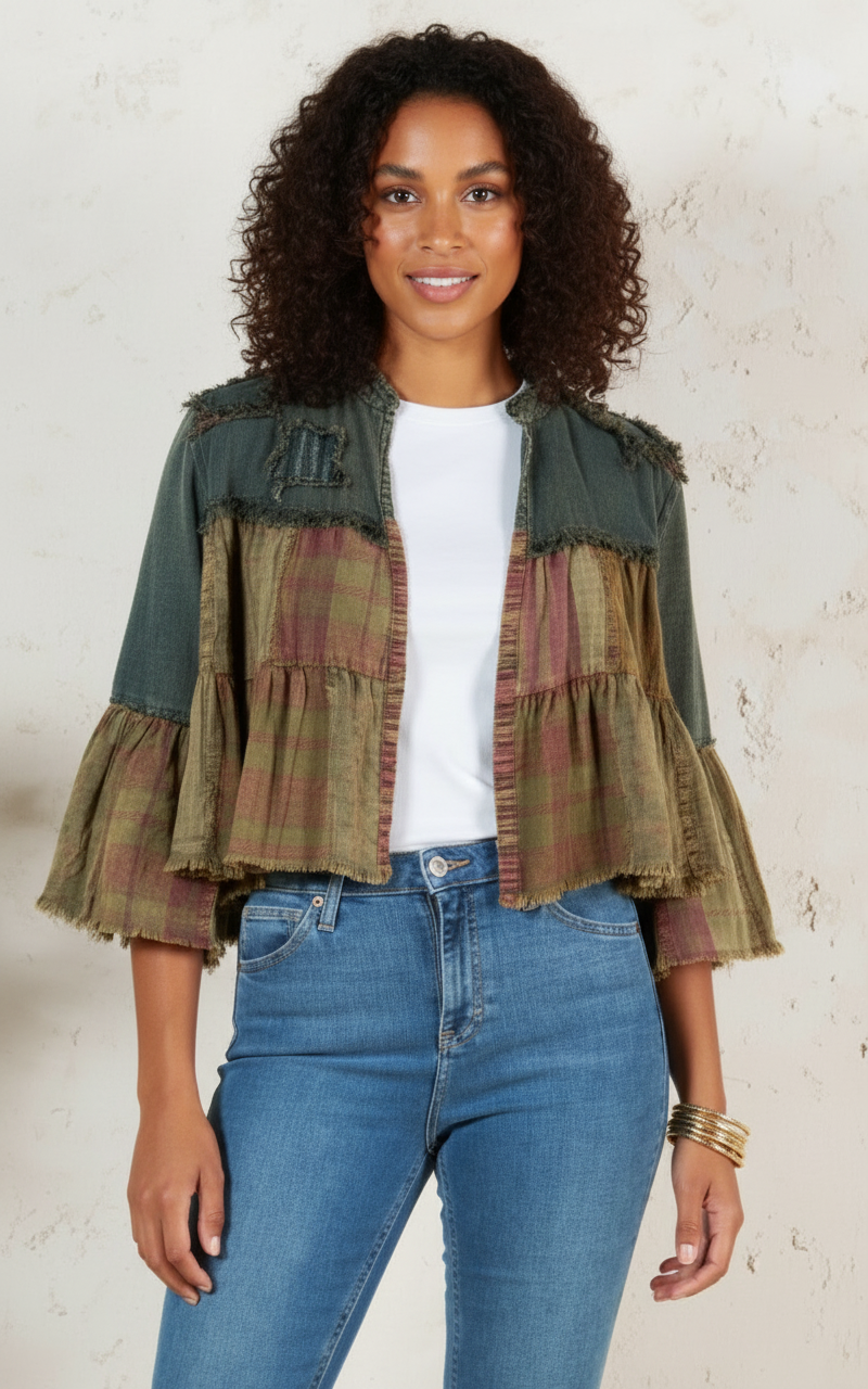 Tiered Patchwork Denim Cropped Shrug