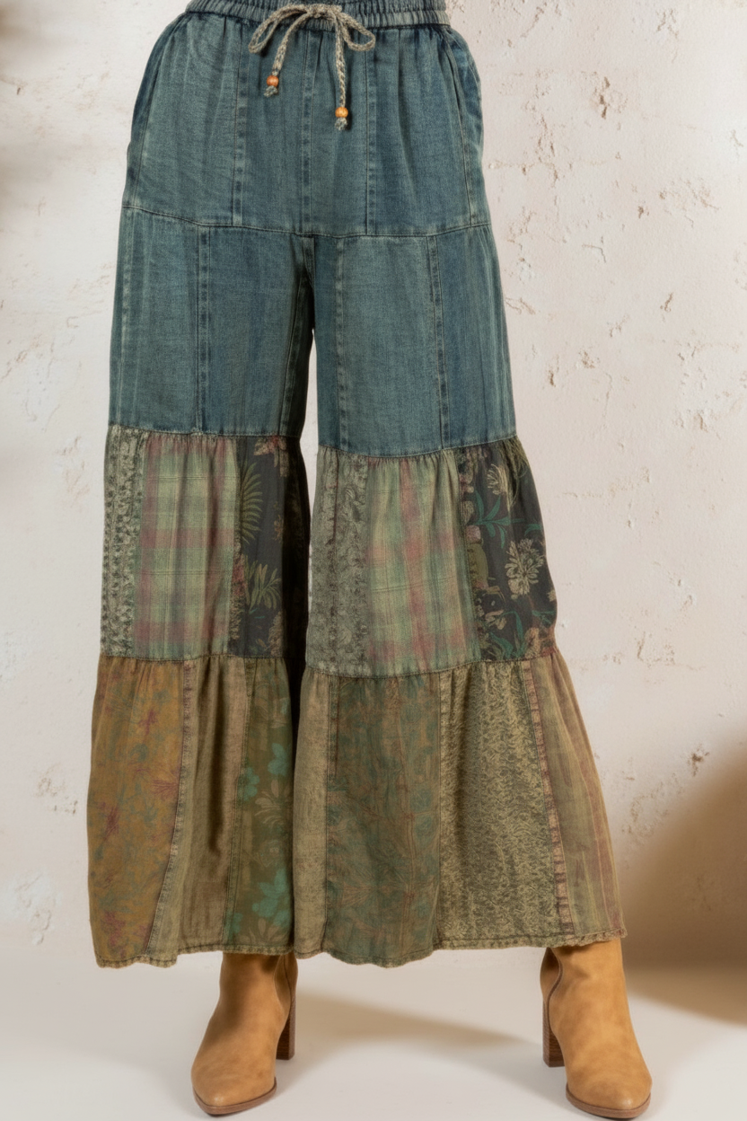 Tiered Patch Denim Pants