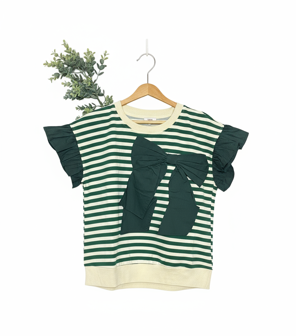Dark Green Bow Ruffle Sleeve Top
