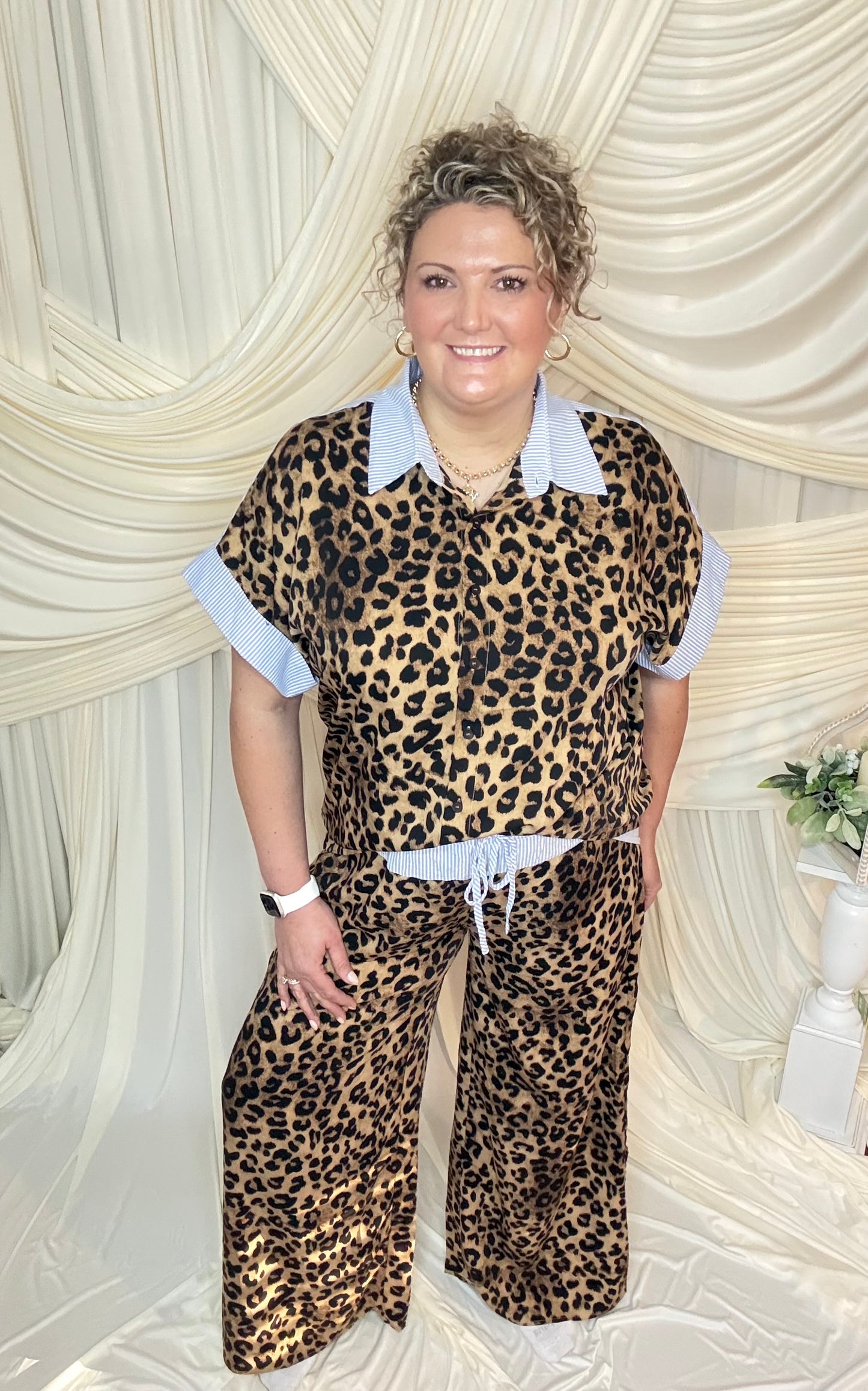 Leopard with Stripe Color Wide Leg Pants