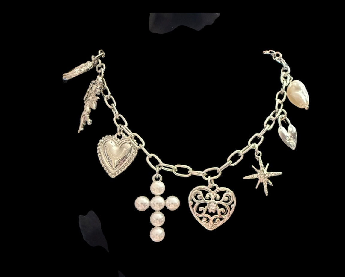 Silver Pearl Cross Charm Necklace