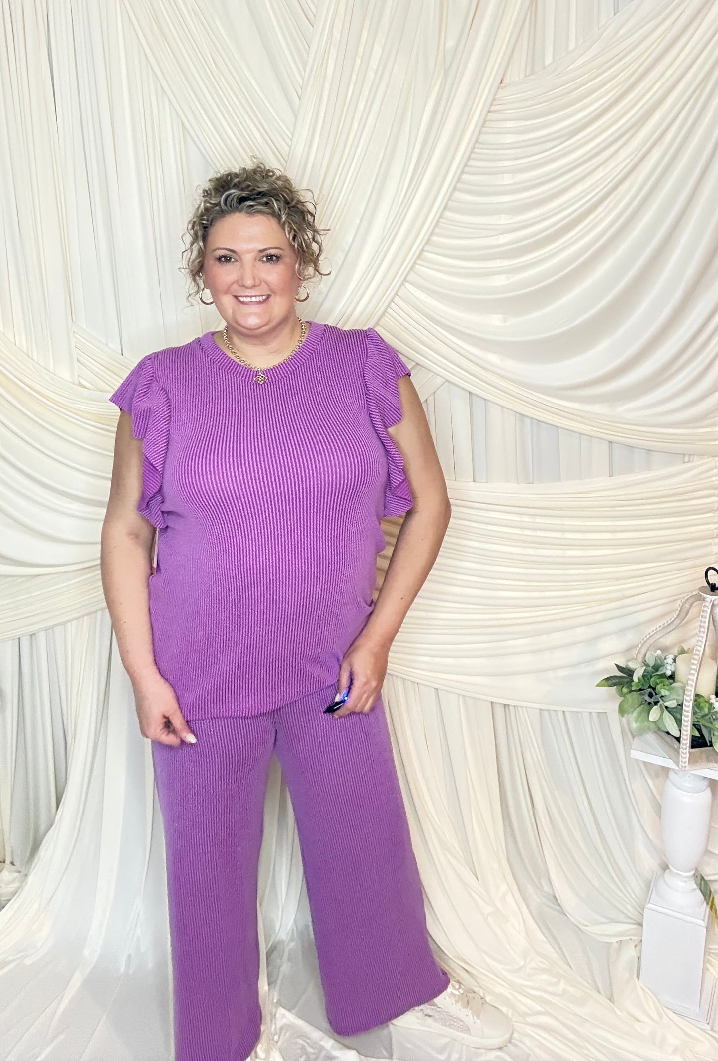 Purple Ruffle Ribbed Top