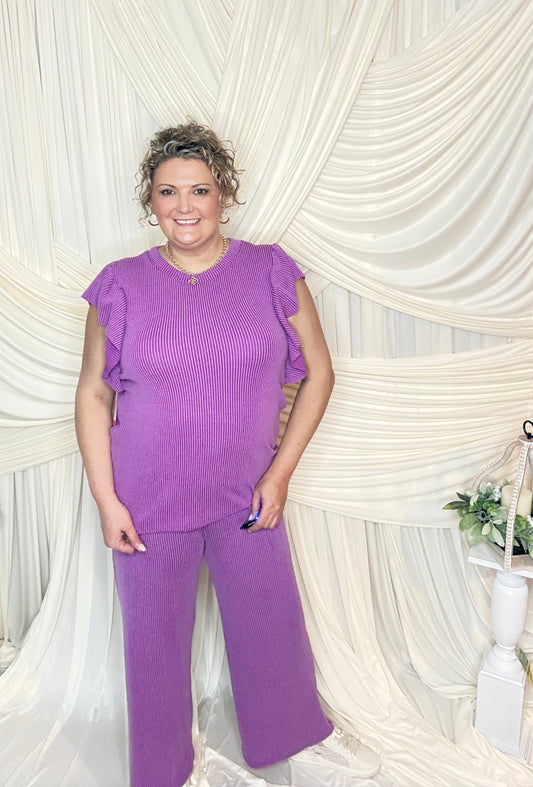 Purple Ruffle Ribbed Top