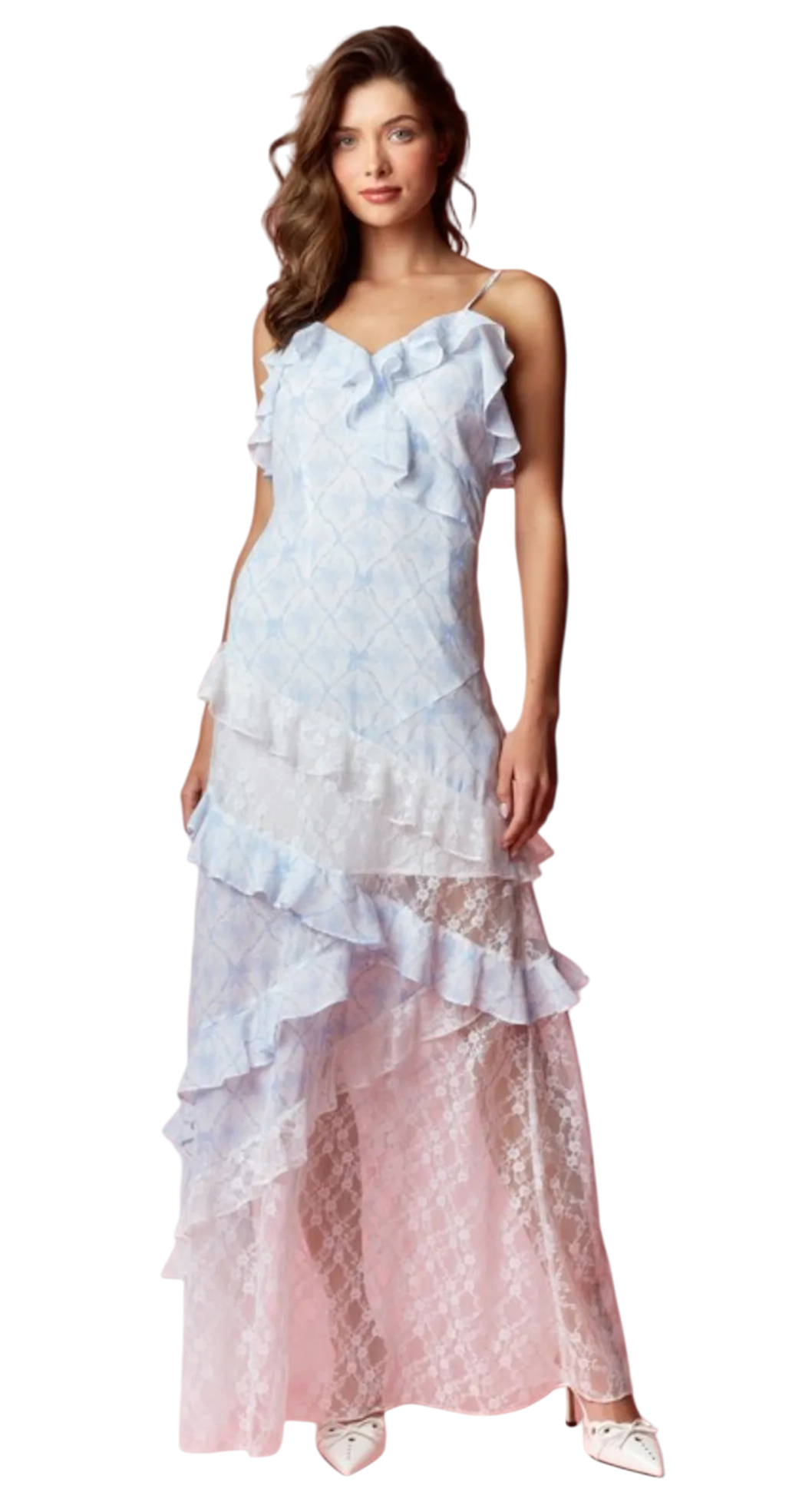Blue Ruffle Lace Maxi Dress