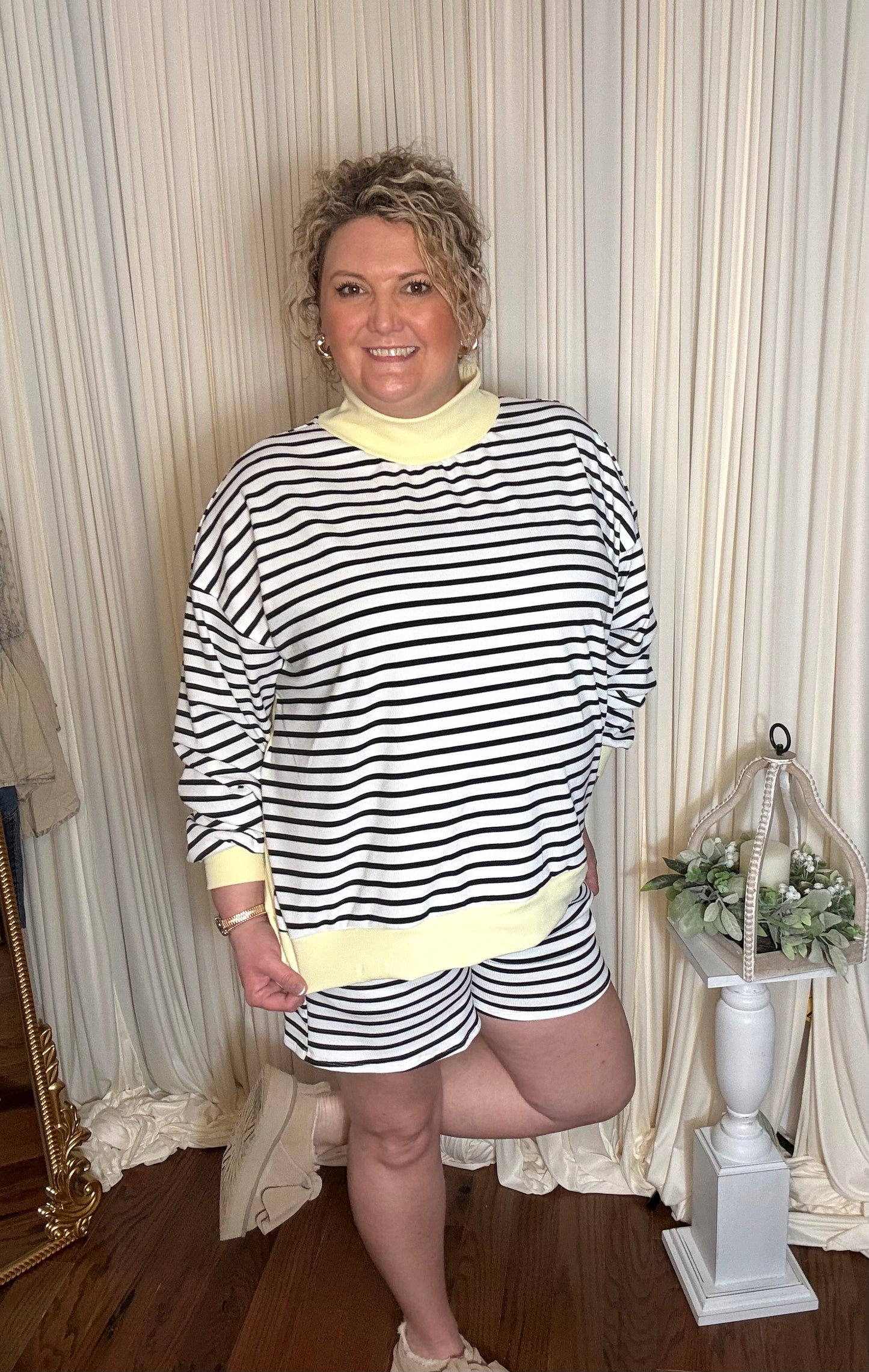 Black Striped Yellow Mock Neck Top