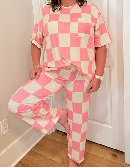 Ribbed Hot Pink Checkered Top