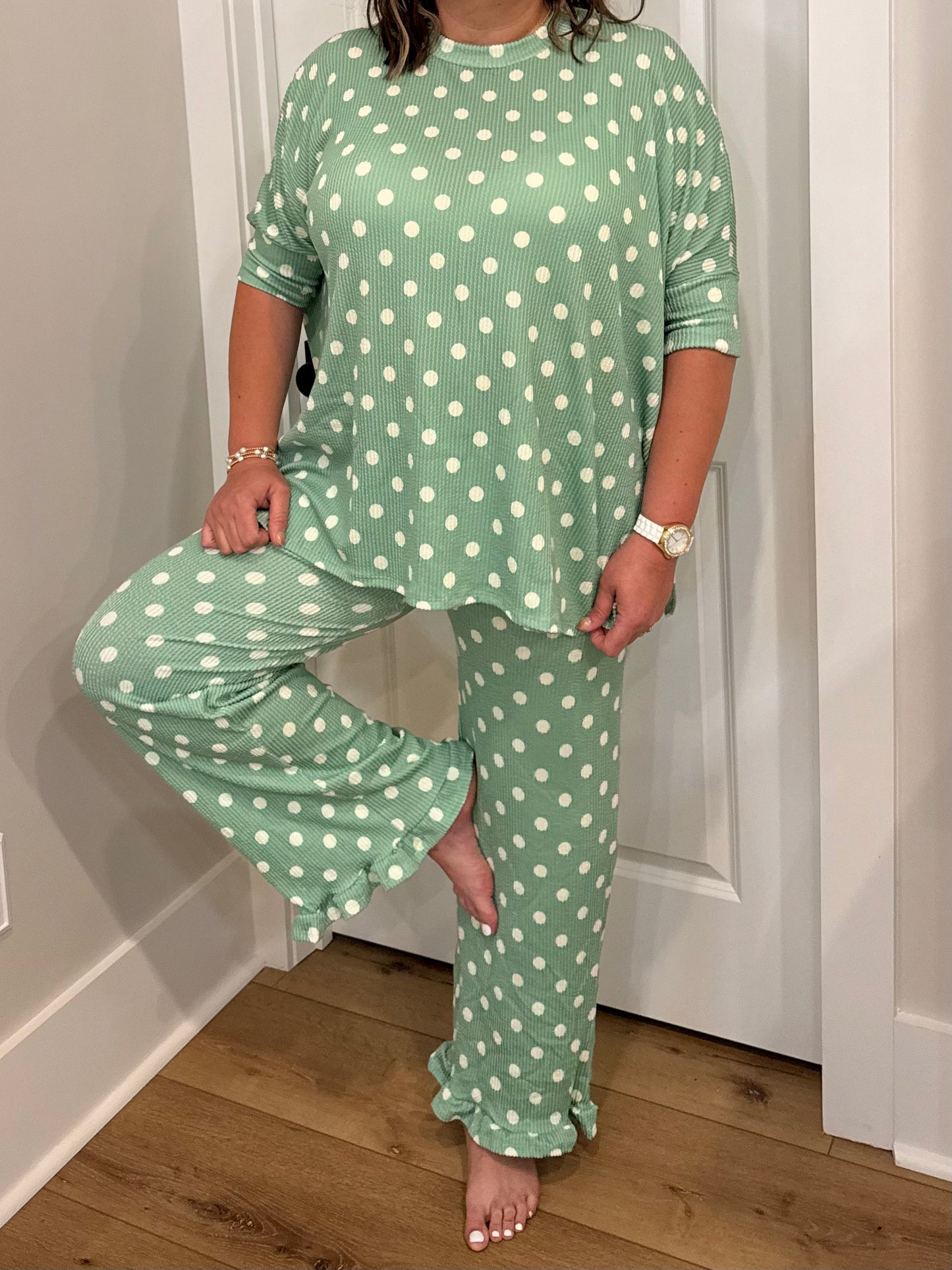 Sage Ribbed Polka Dot Ruffle Top