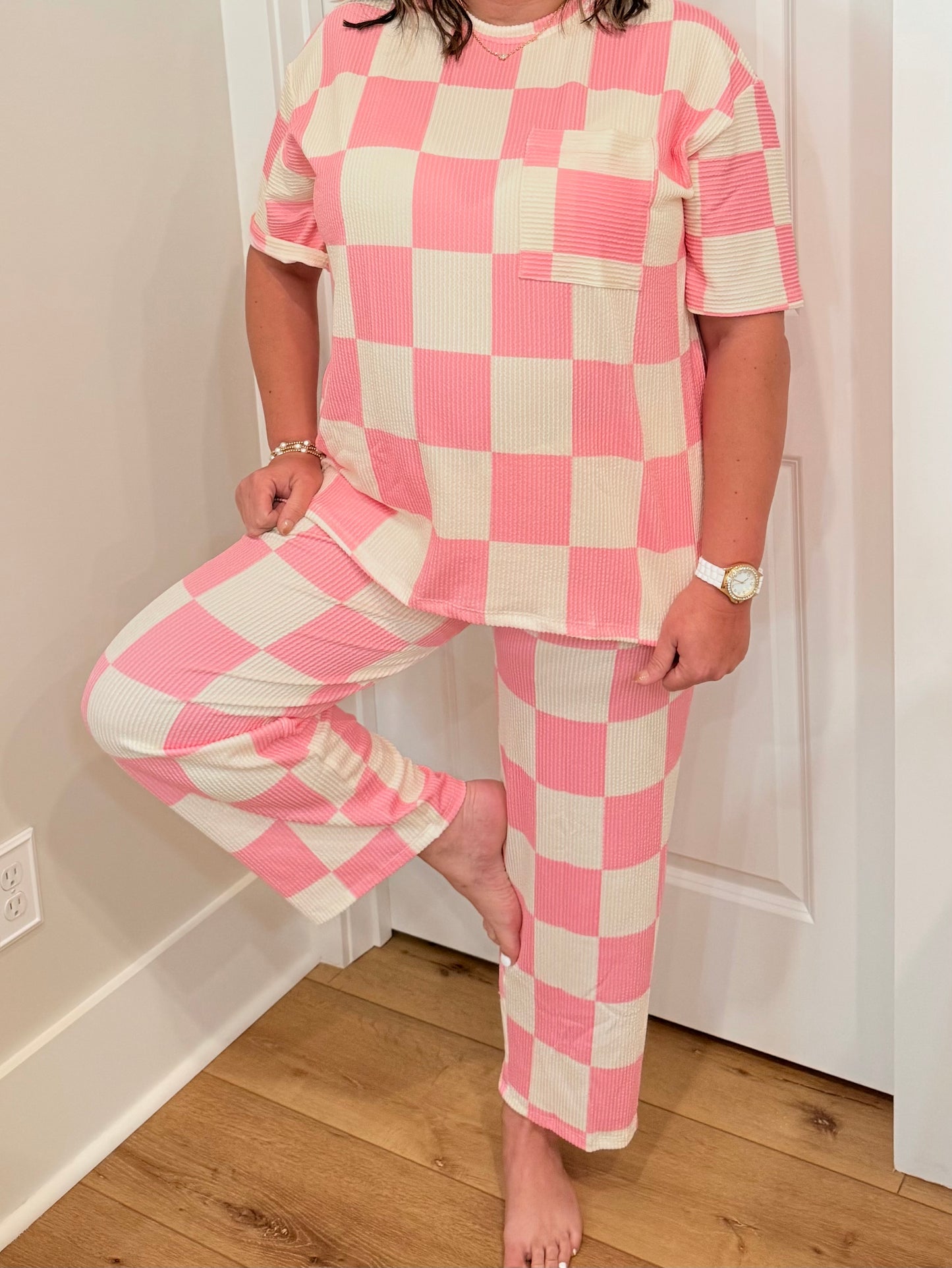 Ribbed Hot Pink Checkered Top
