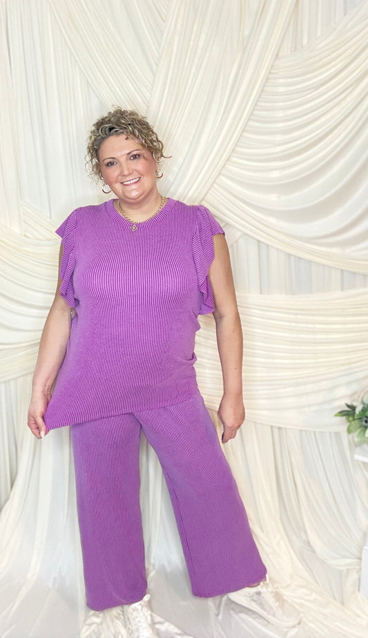 Purple Ruffle Ribbed Pants