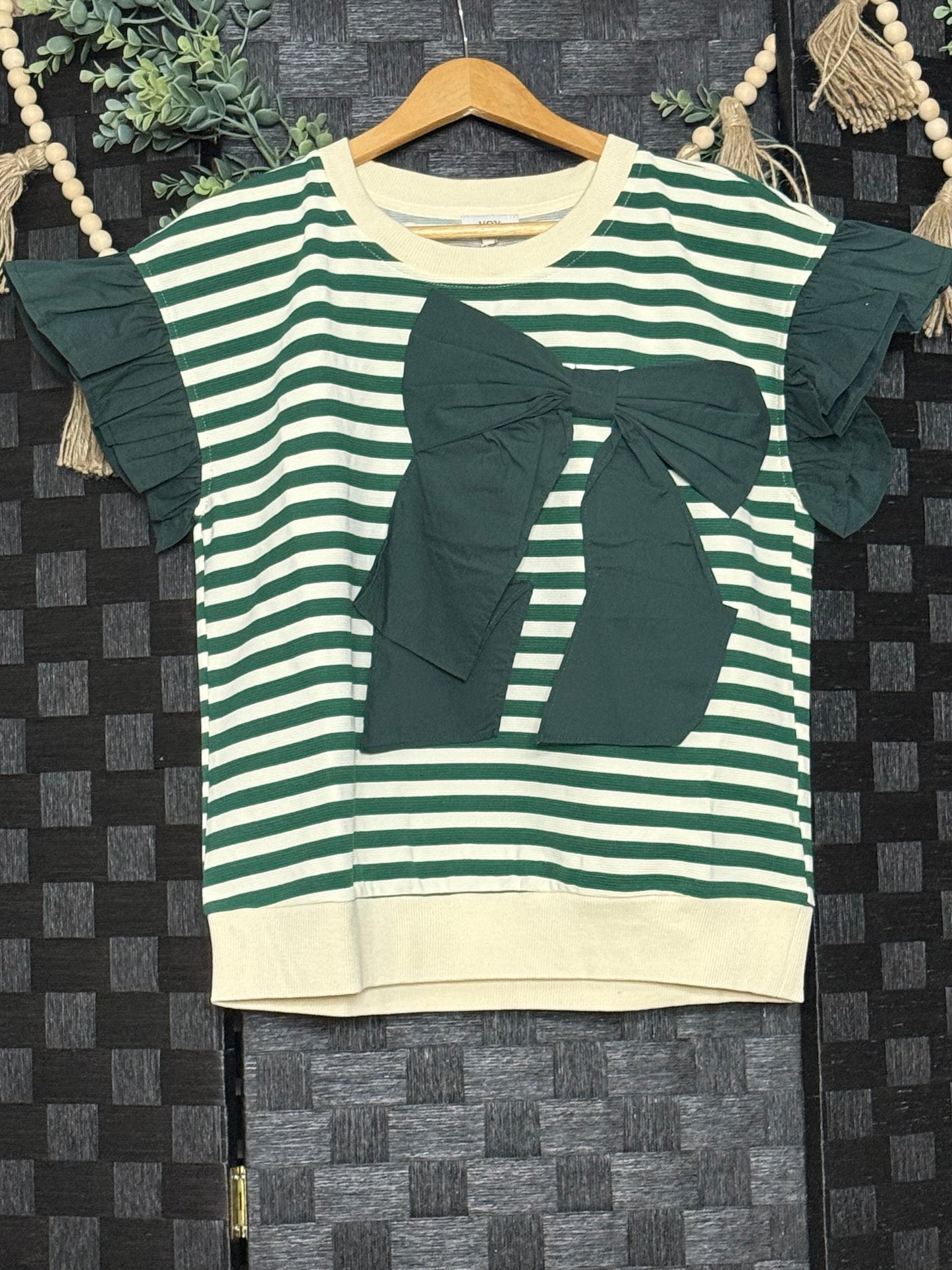 Dark Green Bow Ruffle Sleeve Top