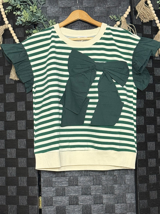 Dark Green Bow Ruffle Sleeve Top