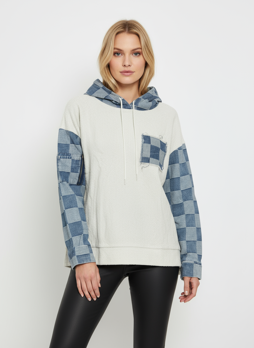 Checkered Denim and Cream Pullover