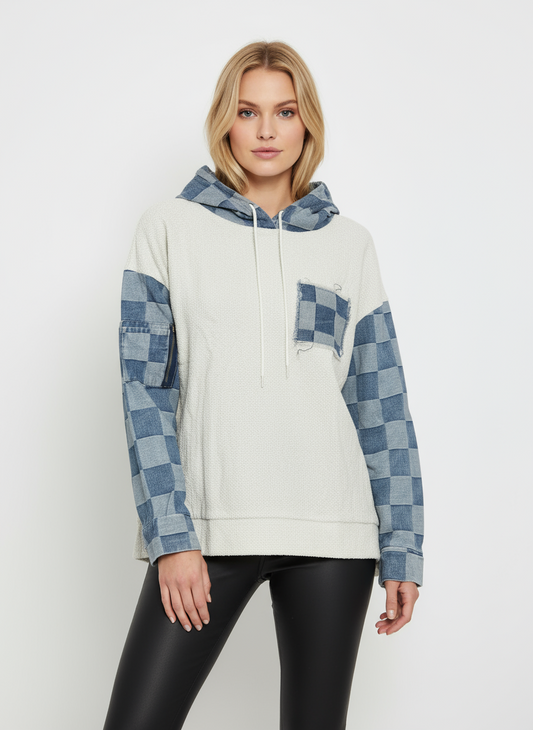 Checkered Denim and Cream Pullover