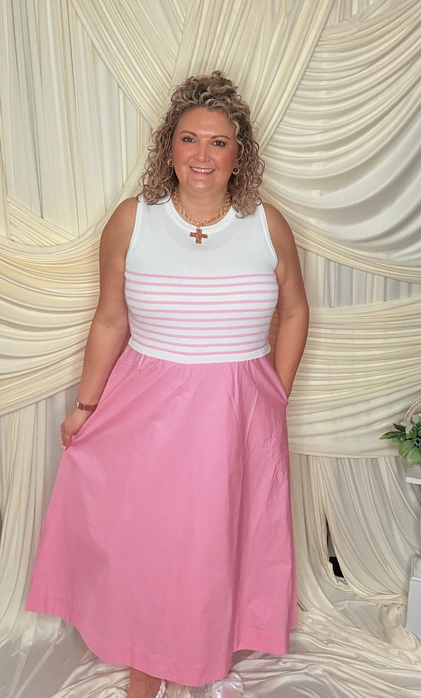 Pink & White Woven Tank Dress