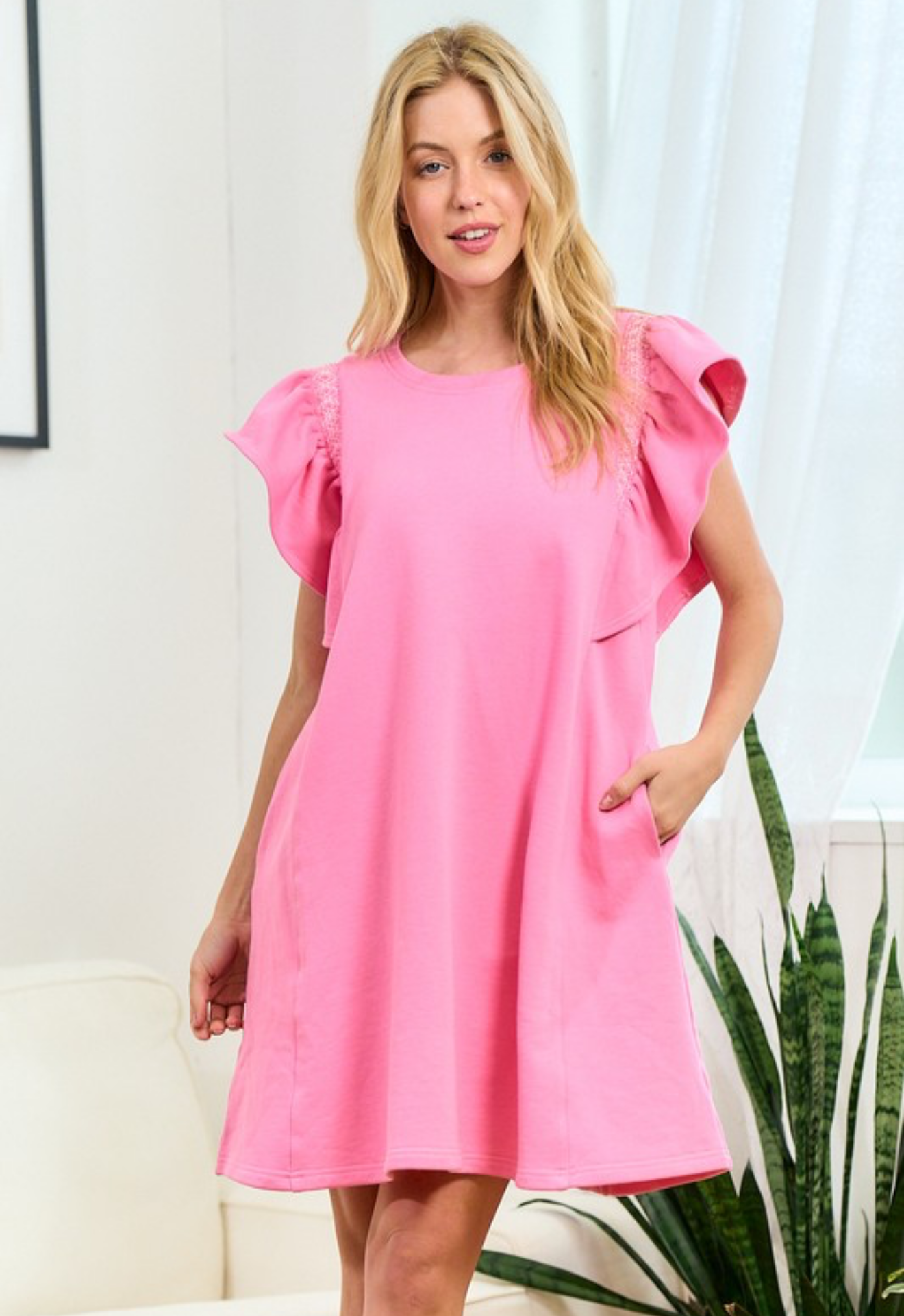 Ruffle Sleeve Color Stitch Dress