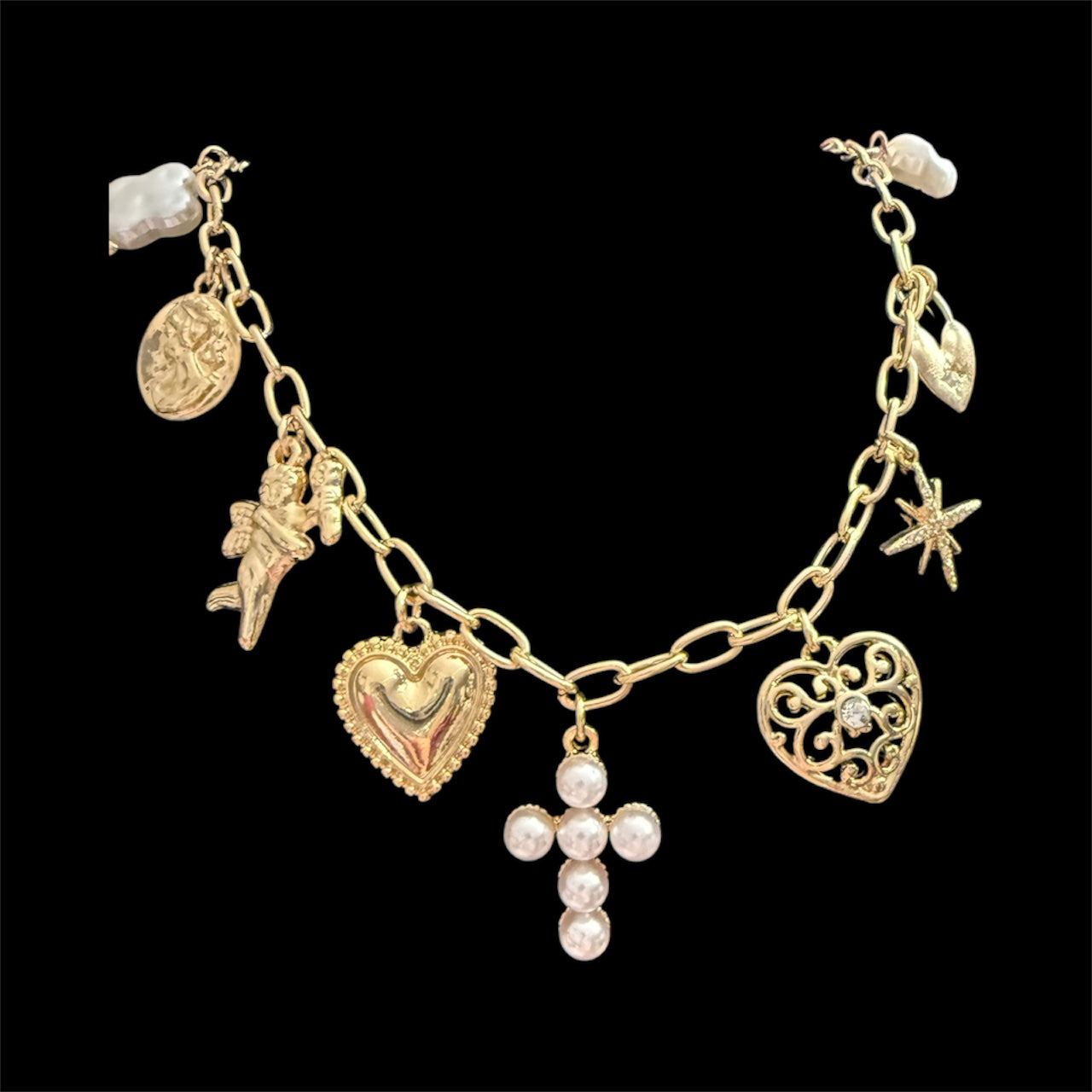Gold Pearl Cross Charm Necklace