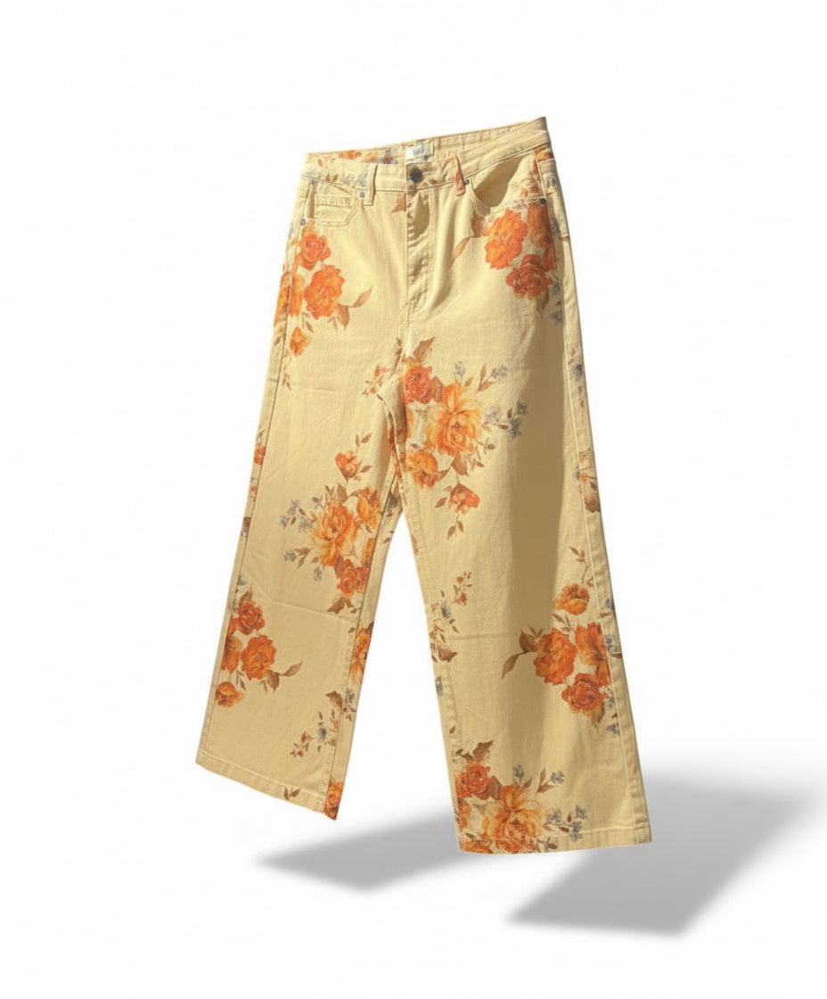 Beige Floral Wide Leg Pants