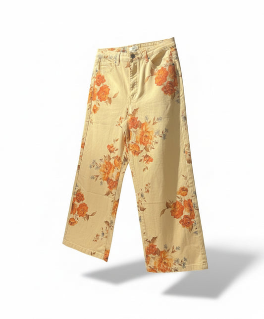 Beige Floral Wide Leg Pants