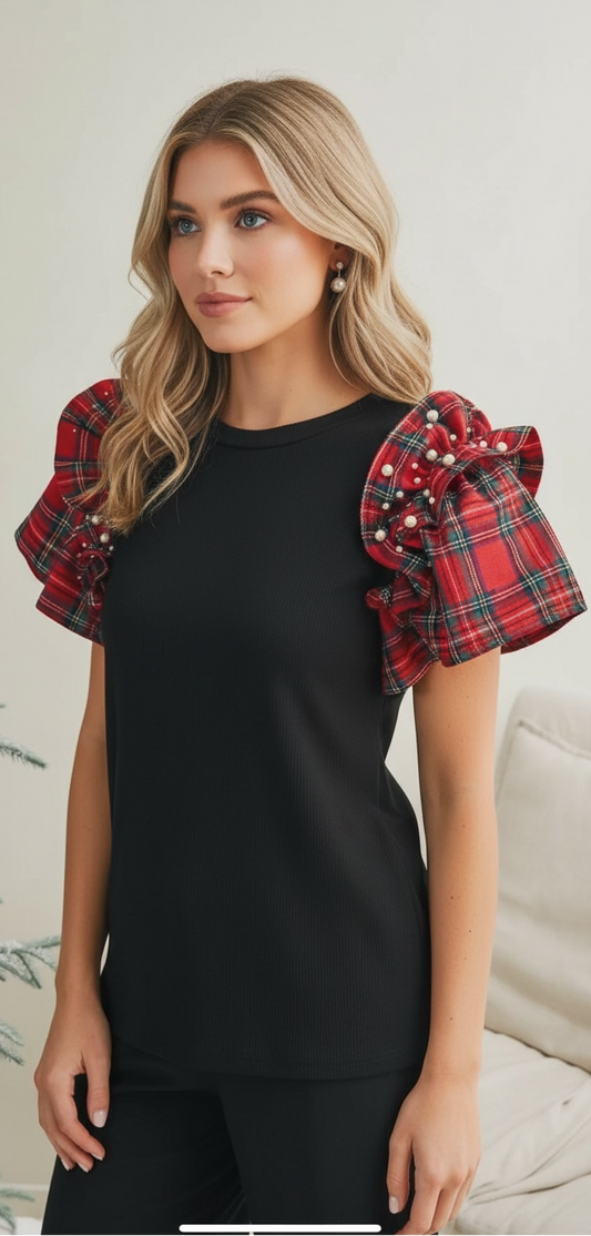 Plaid Pearl Ruffle Top