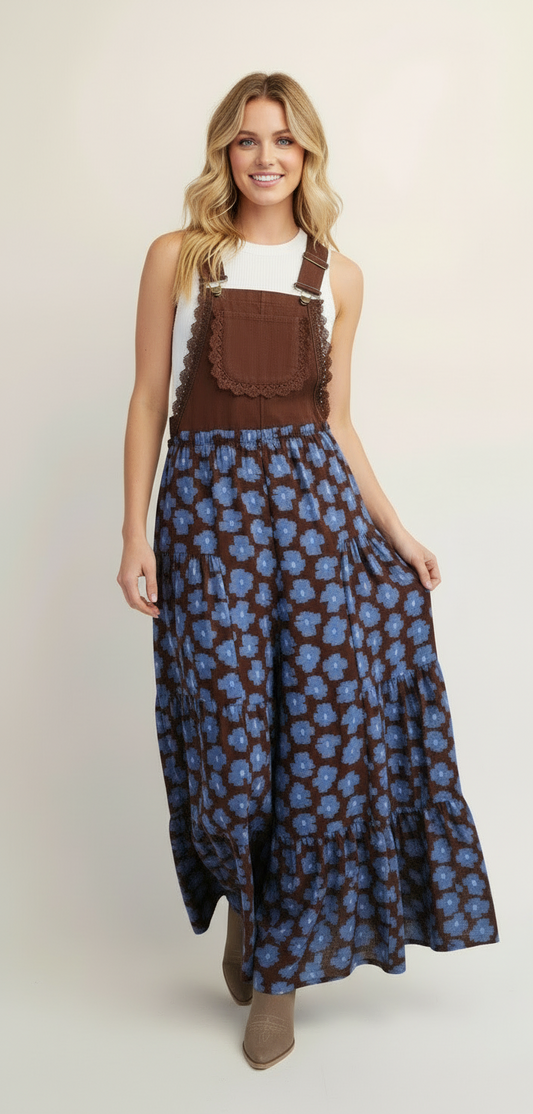 Brown Floral Wide Leg Overalls