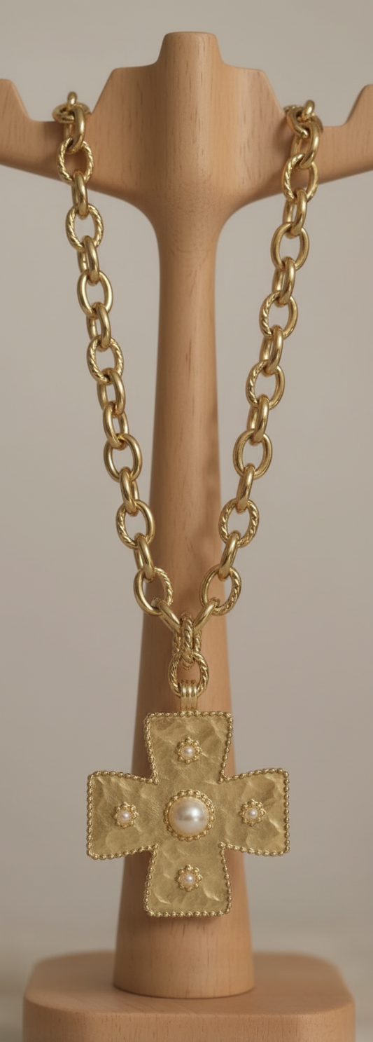 Beaded Pearl Cross Necklace