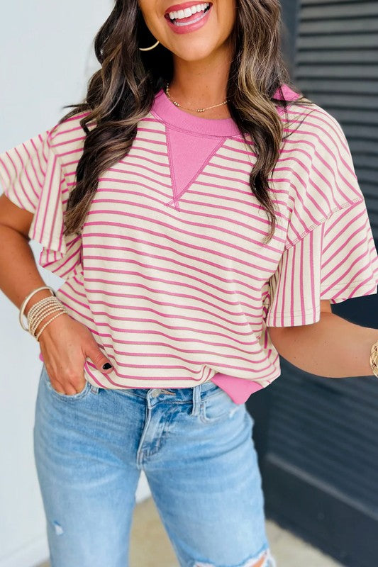 Pink Striped Ruffle Top