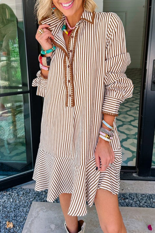 Khaki Striped Ruffle Dress