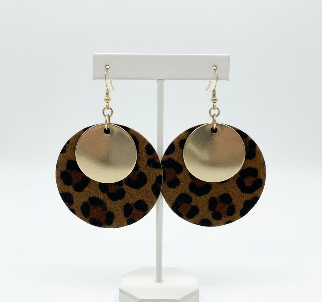 Gold Disc Leopard Print Earrings