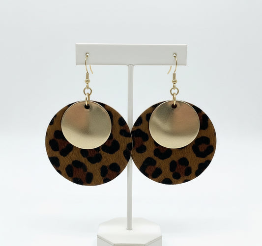 Gold Disc Leopard Print Earrings