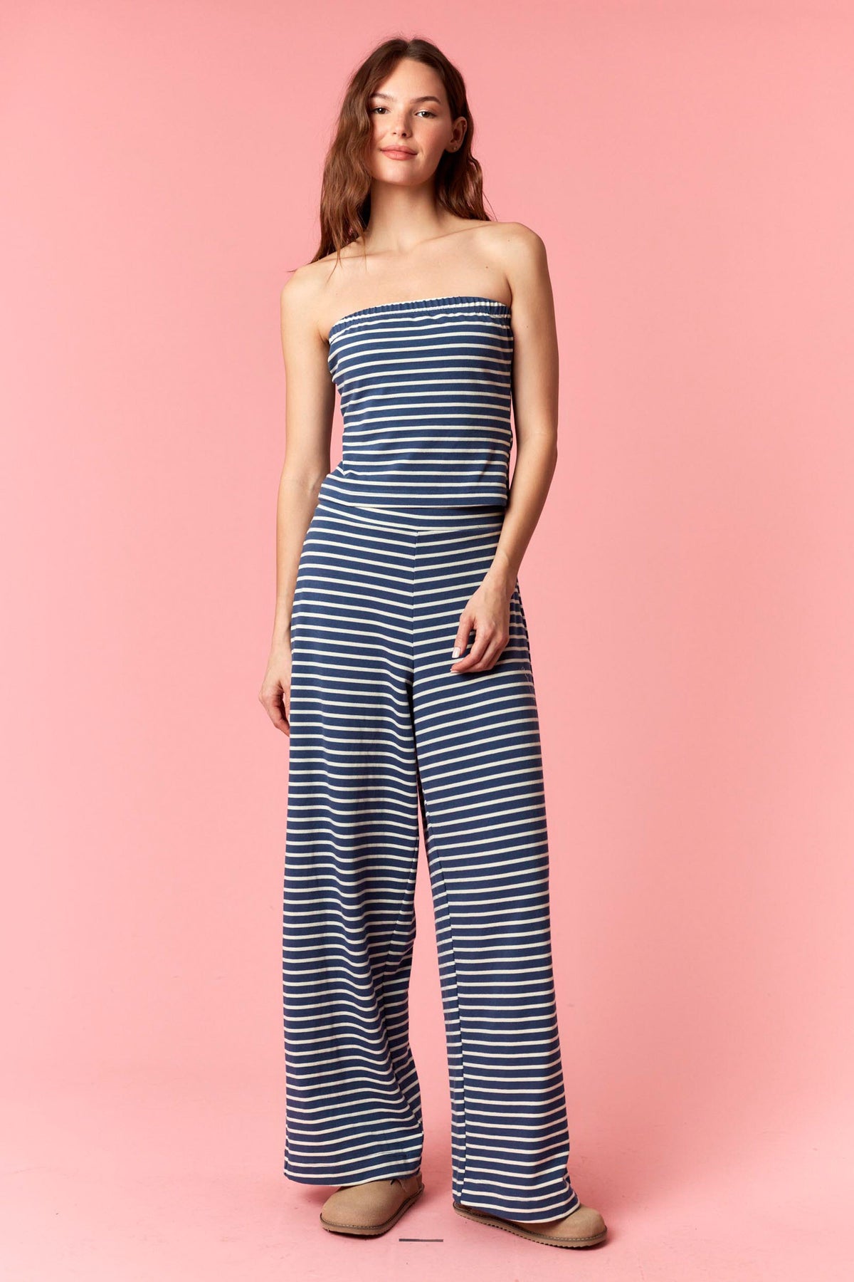 Striped Slim Tube & Wide Leg Pant Set
