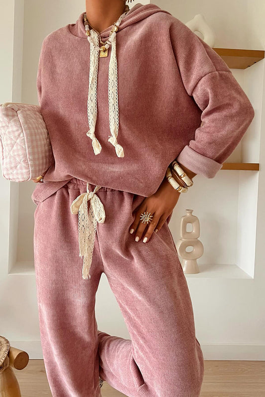 Corduroy Lace Drawstring Hoodie and Pants Set