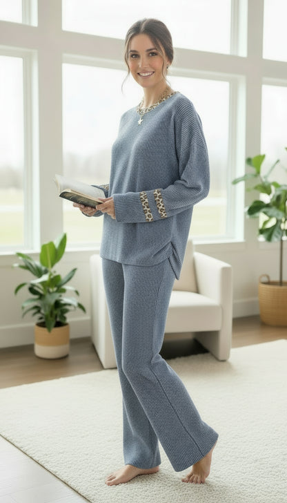 Blue Ribbed Cheetah Trim Two-Piece