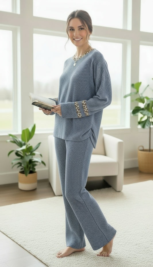 Blue Ribbed Cheetah Trim Two-Piece