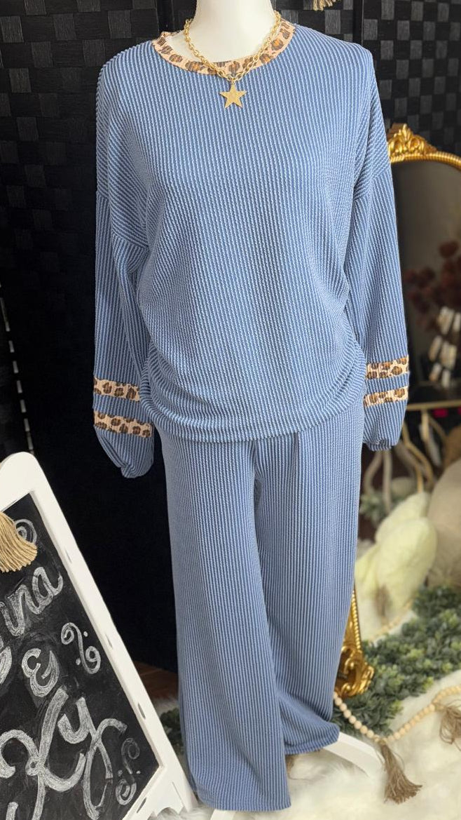 Blue Ribbed Cheetah Trim Two-Piece