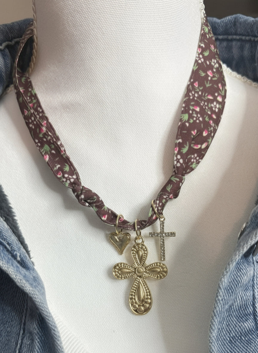 Brown Floral Cross Charm Scarf Necklace