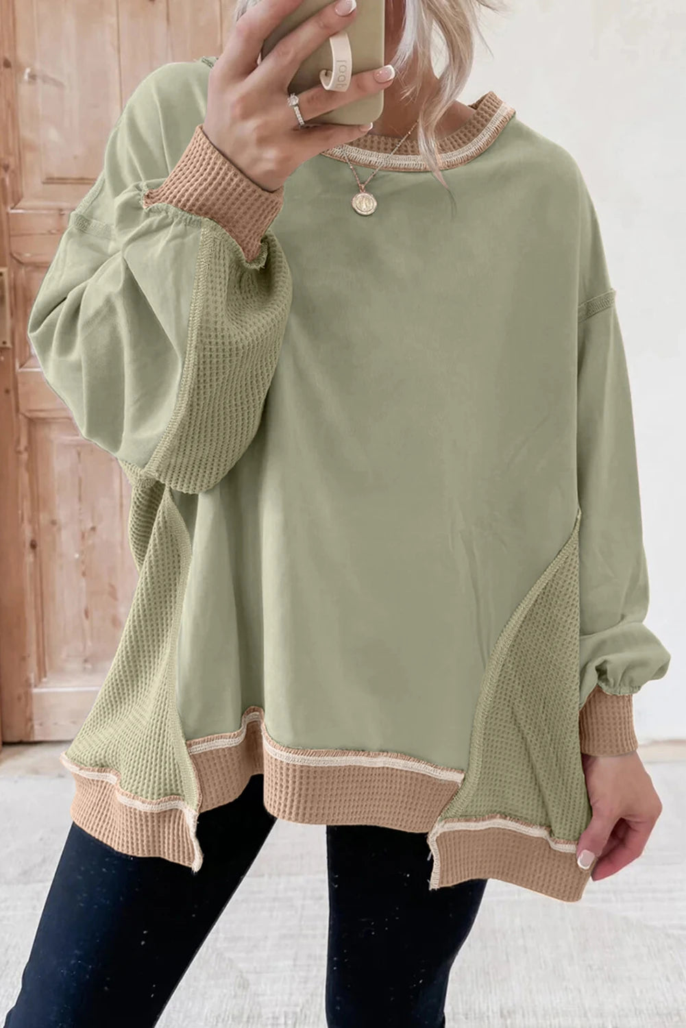 Green Waffle Patchwork Sweatshirt