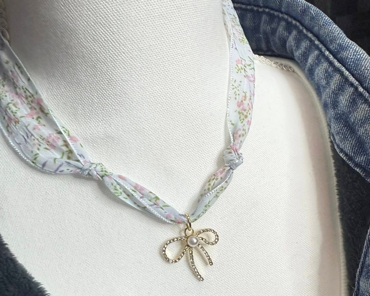 Light Blue, Floral Bow Scarf Necklace